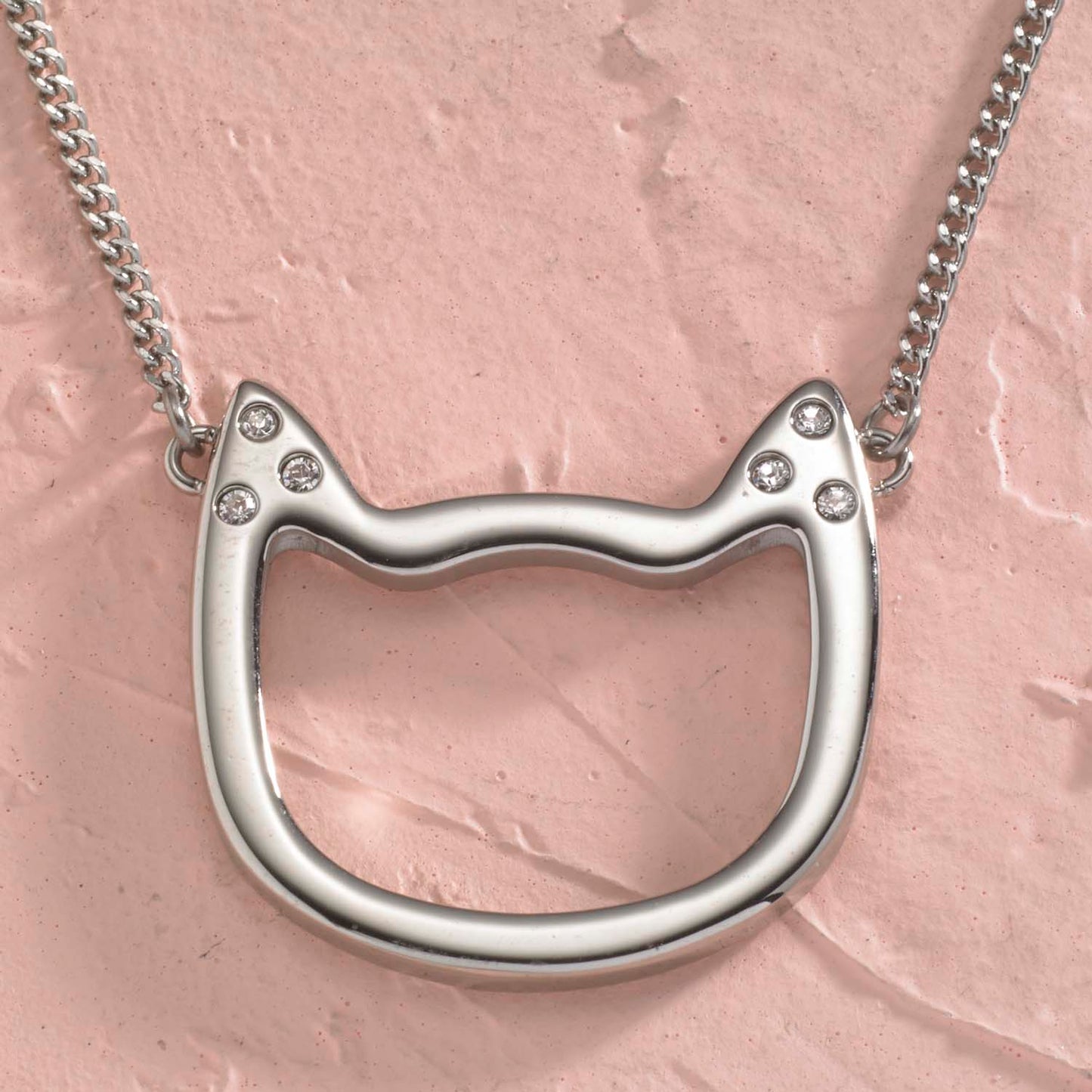 Stainless Steel Cat Face Outline Pendant Necklace with Cubic Zirconia Accents