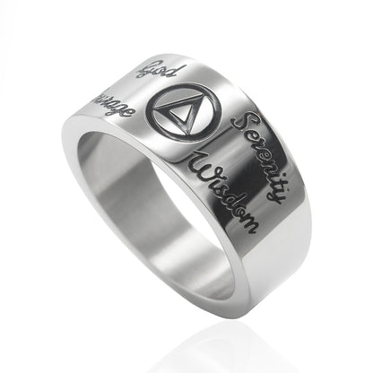 Recovery Stainless Steel Ring with God, Serenity, Wisdom, Courage Engraved on Band