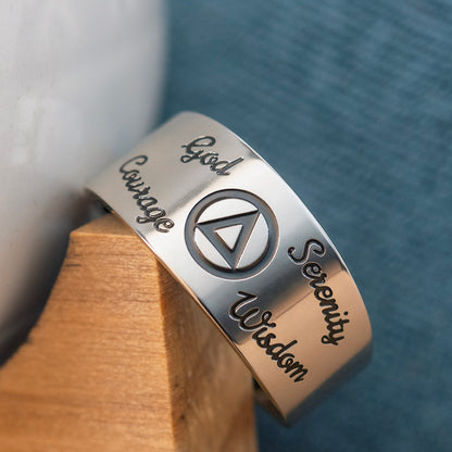 Recovery Stainless Steel Ring with God, Serenity, Wisdom, Courage Engraved on Band