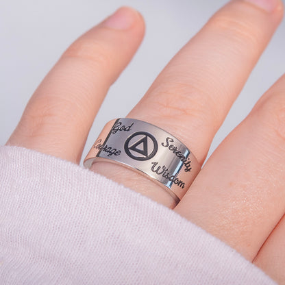 Recovery Stainless Steel Ring with God, Serenity, Wisdom, Courage Engraved on Band