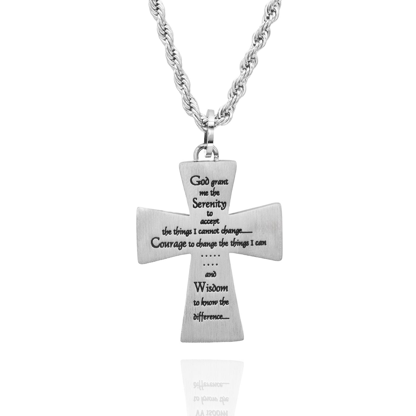 Serenity Prayer Cross Pendant Necklace with Etched and Polished Tree Branch Design Stainless Steel