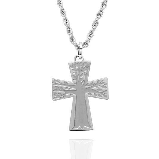 Serenity Prayer Cross Pendant Necklace with Etched and Polished Tree Branch Design Stainless Steel