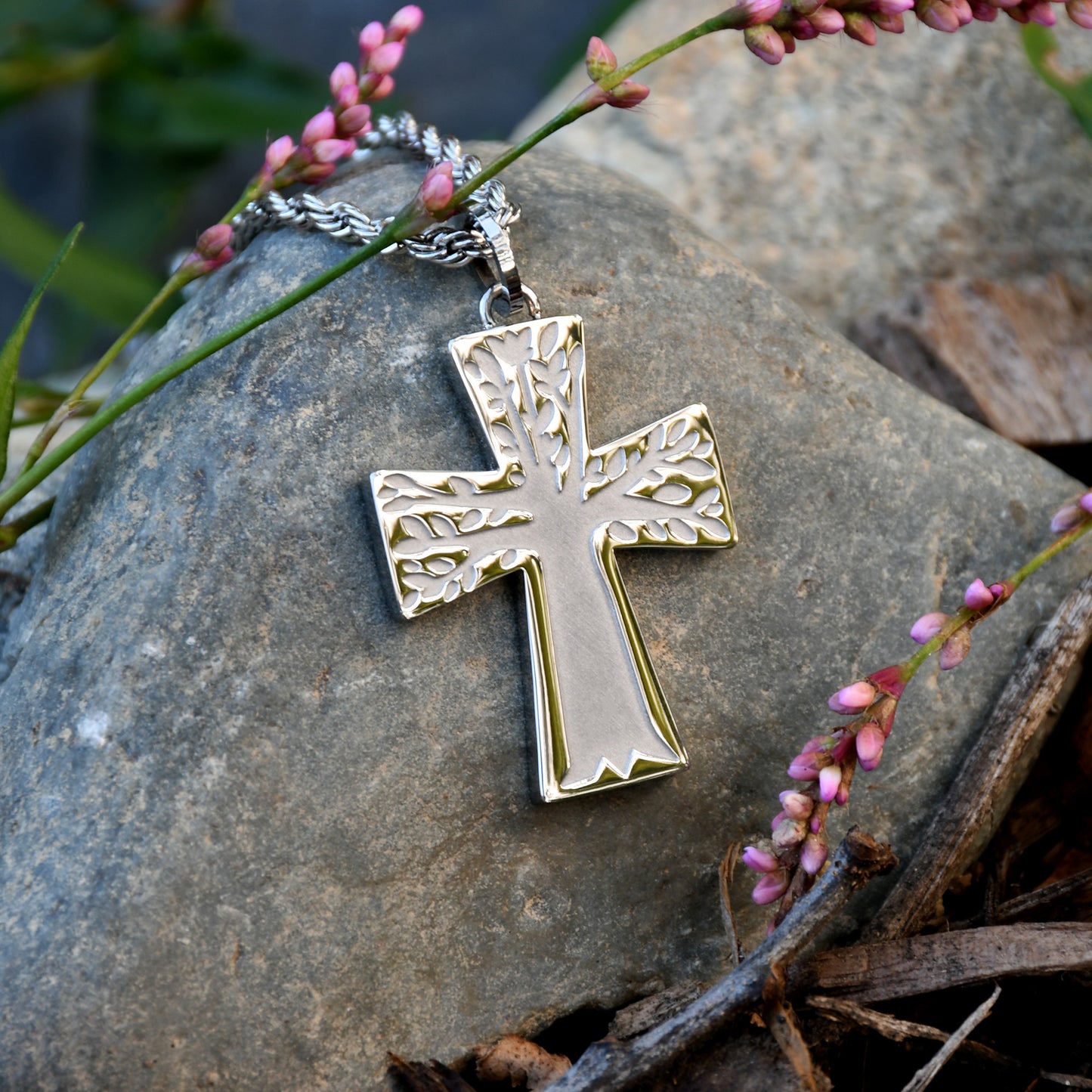 Serenity Prayer Cross Pendant Necklace with Etched and Polished Tree Branch Design Stainless Steel