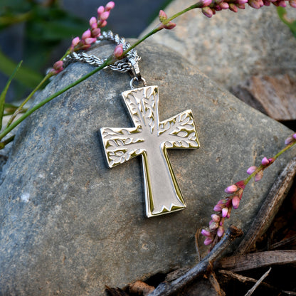 Serenity Prayer Cross Pendant Necklace with Etched and Polished Tree Branch Design Stainless Steel