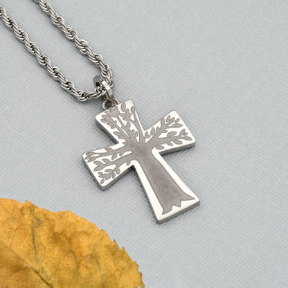 Serenity Prayer Cross Pendant Necklace with Etched and Polished Tree Branch Design Stainless Steel