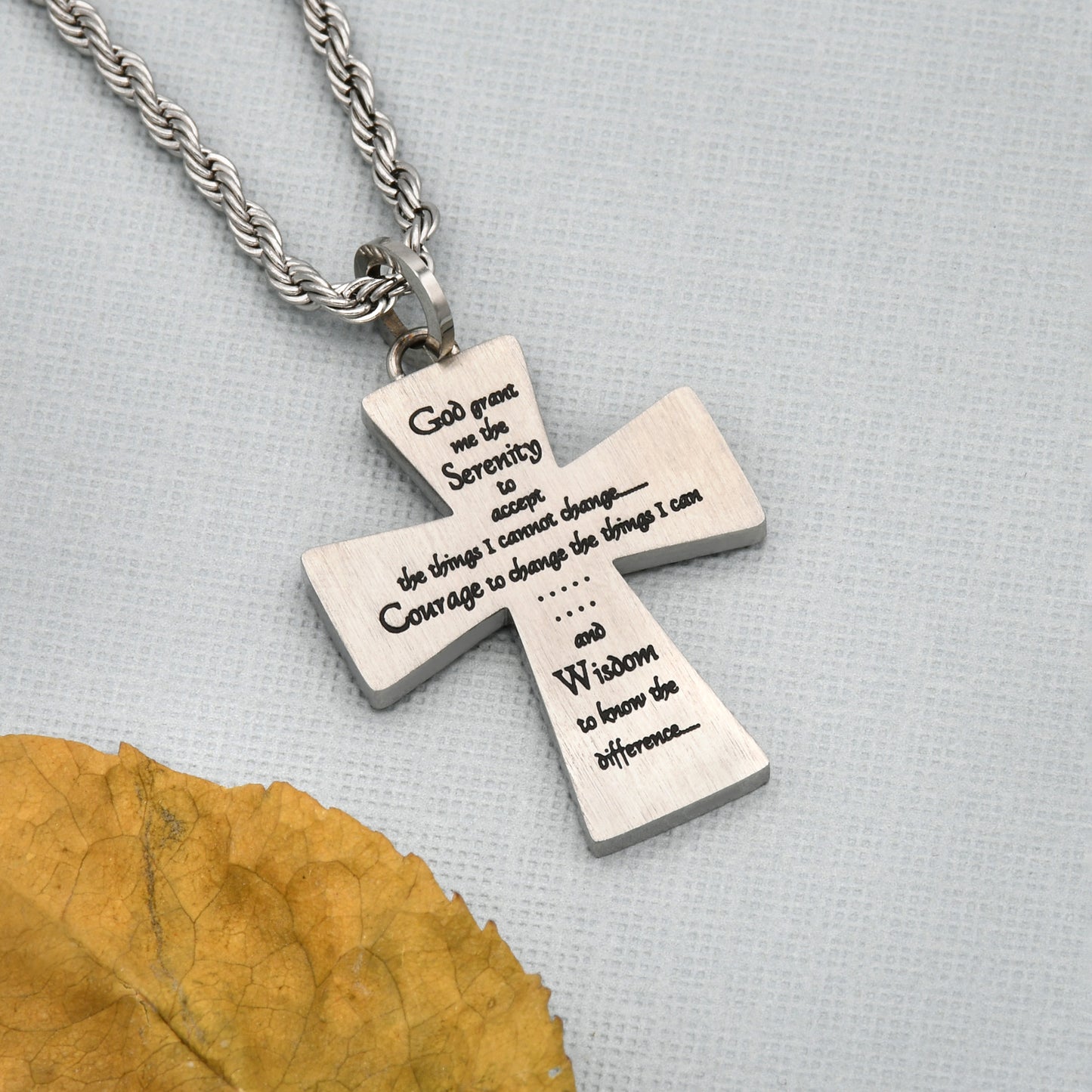 Serenity Prayer Cross Pendant Necklace with Etched and Polished Tree Branch Design Stainless Steel