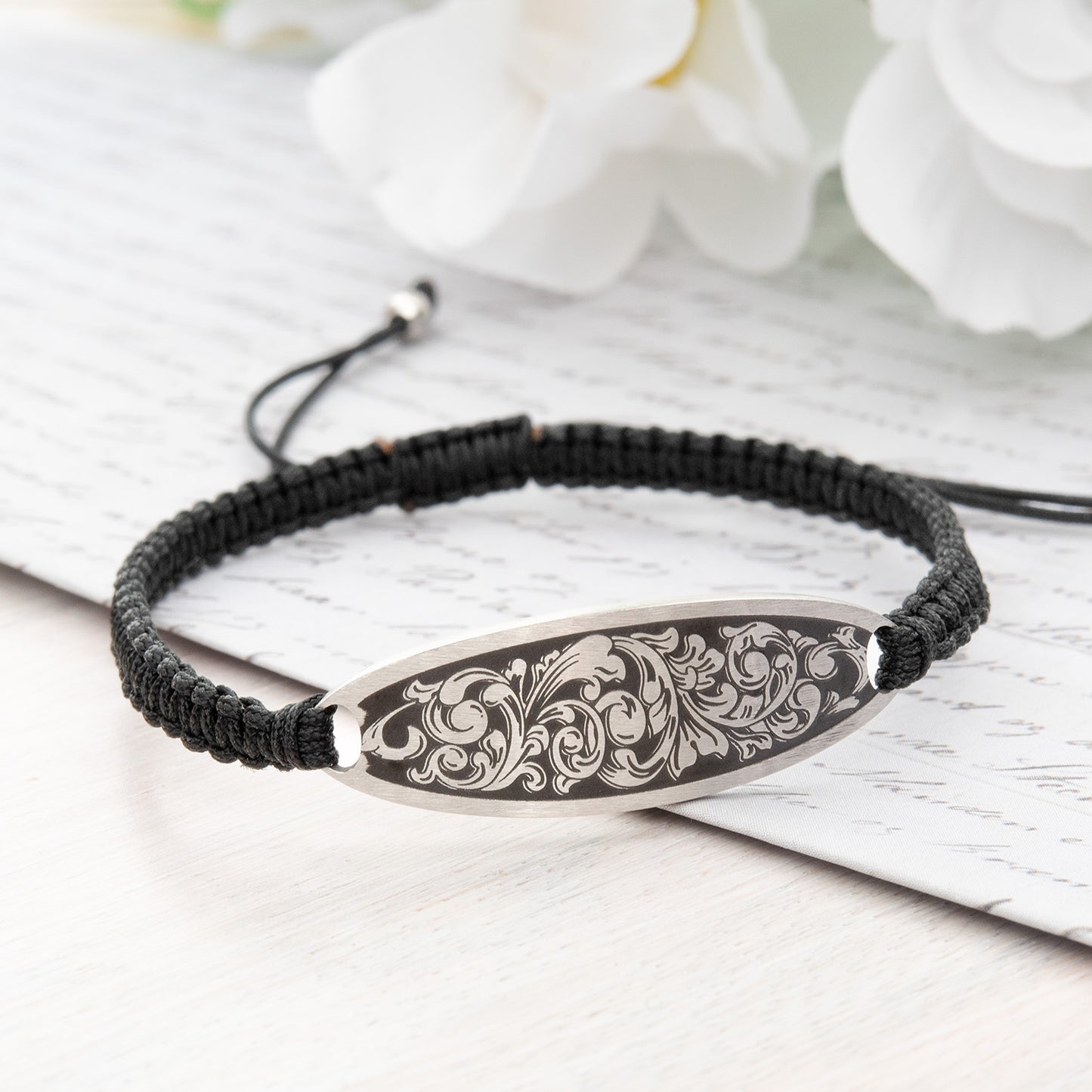 Scroll Detail Stainless Steel Cord Bracelet