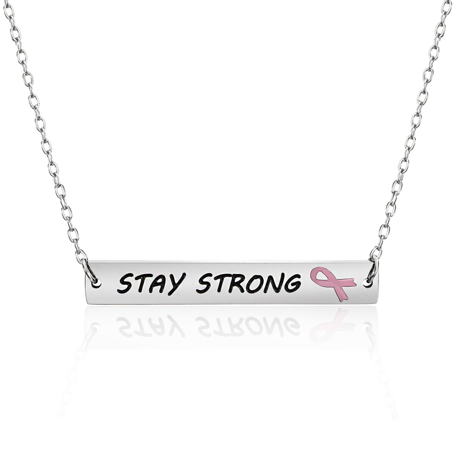 Stay Strong Inspirational Bar Pendant Necklace with Pink Ribbon for Breast Cancer Awareness