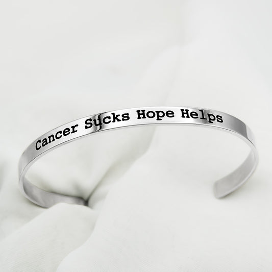 Cancer Sucks Hope Helps Inspirational Cuff Bracelet Stainless Steel for Women or Men Cancer Awareness