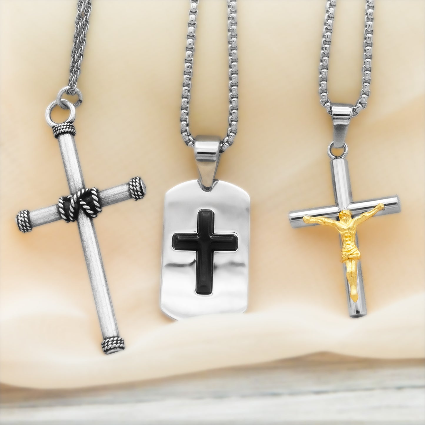 Stainless Steel Dog Tag Cross Pendant Necklace with Black Onyx - Religious Jewelry for Men or Women
