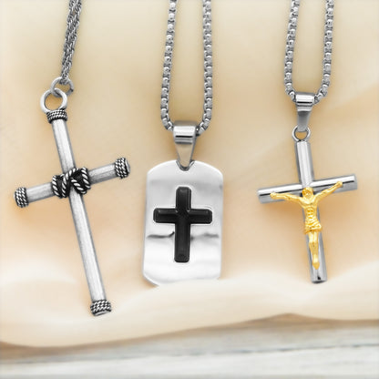 Stainless Steel Dog Tag Cross Pendant Necklace with Black Onyx - Religious Jewelry for Men or Women