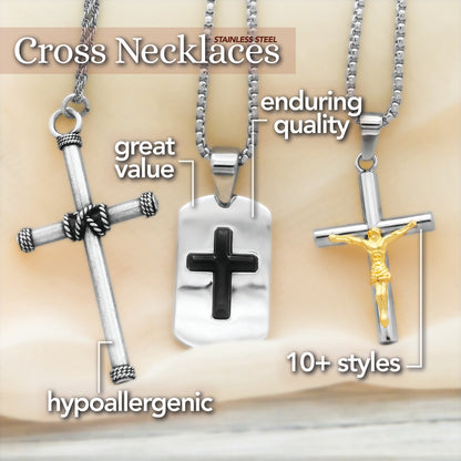 Stainless Steel Dog Tag Cross Pendant Necklace with Black Onyx - Religious Jewelry for Men or Women