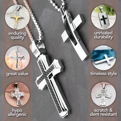 Men's Stainless Steel Cross Pendant Necklace with Carbon Fiber Inlay - Religious Christian Cross Jewelry Gift for Him