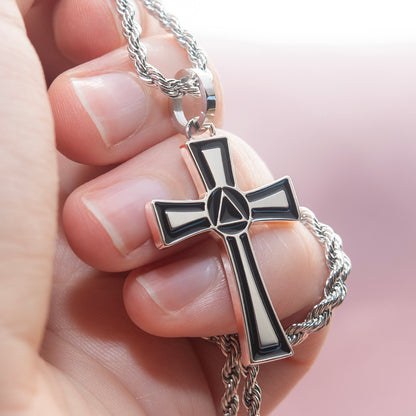 Recovery Cross Pendant with Triangle Circle Necklace - Sobriety Support Jewelry Gift Stainless Steel Jewelry for Women or Men