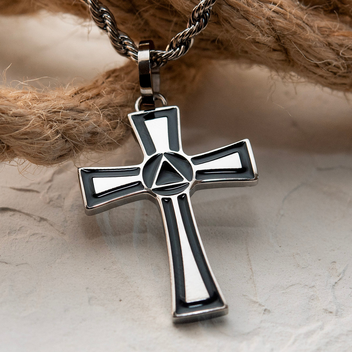 Recovery Cross Pendant with Triangle Circle Necklace - Sobriety Support Jewelry Gift Stainless Steel Jewelry for Women or Men