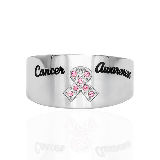 Crystal Pink Ribbon Stainless Steel Ring Cancer Awareness Jewelry for Women