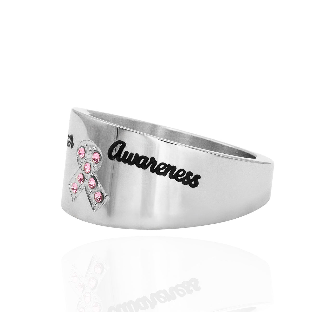 Crystal Pink Ribbon Stainless Steel Ring Cancer Awareness Jewelry for Women