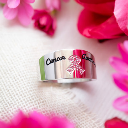 Crystal Pink Ribbon Stainless Steel Ring Cancer Awareness Jewelry for Women