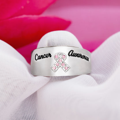 Crystal Pink Ribbon Stainless Steel Ring Cancer Awareness Jewelry for Women