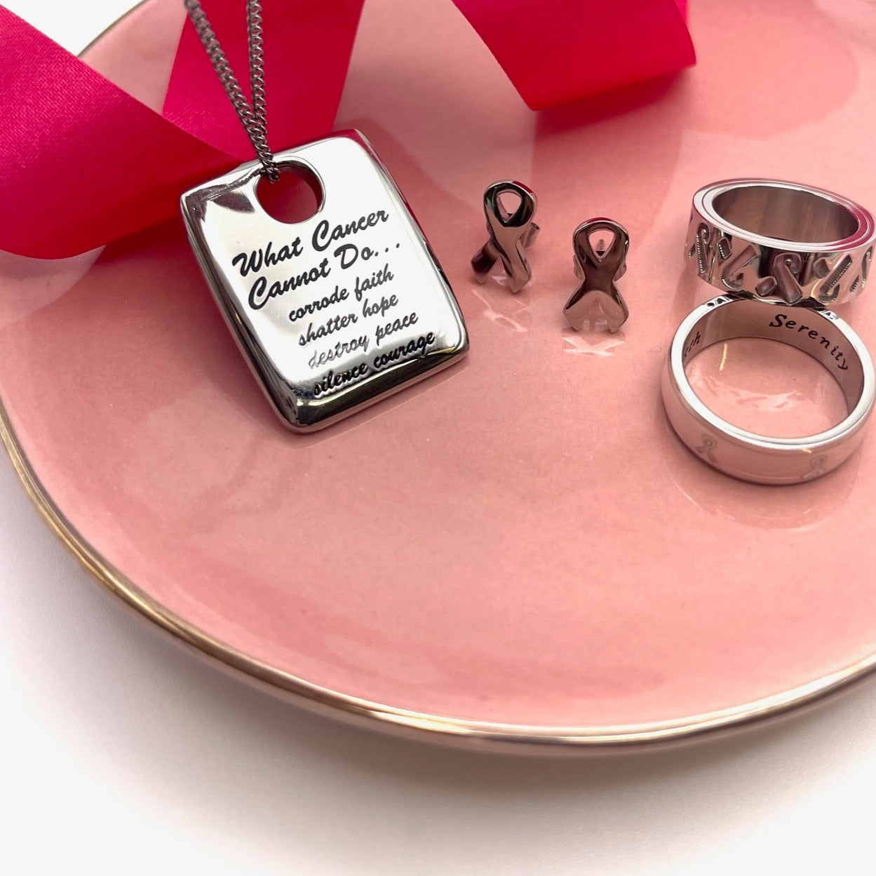 Pink Ribbon Cut out Stainless Steel Ring Cancer Awareness Jewelry for Women