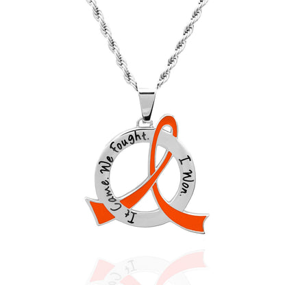 Cancer Awareness Pink Ribbon Pendant Necklace "It Came We Fought I Won" Stainless Steel