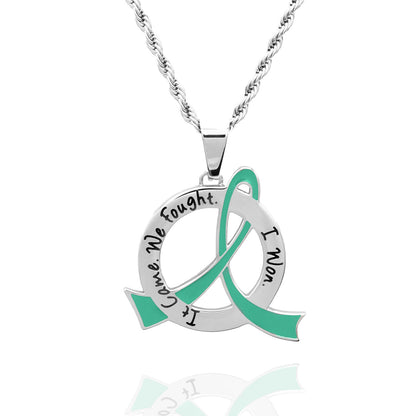 Cancer Awareness Pink Ribbon Pendant Necklace "It Came We Fought I Won" Stainless Steel