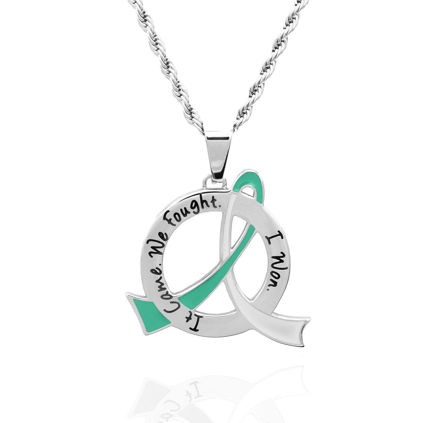 Cancer Awareness Pink Ribbon Pendant Necklace "It Came We Fought I Won" Stainless Steel