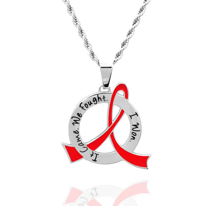 Cancer Awareness Pink Ribbon Pendant Necklace "It Came We Fought I Won" Stainless Steel