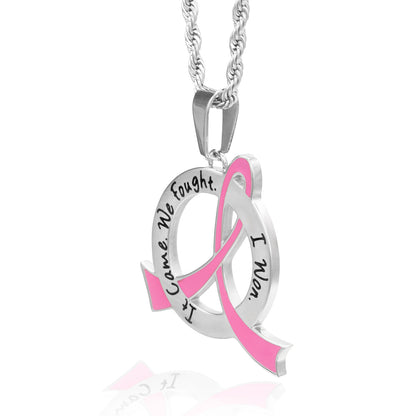 Cancer Awareness Pink Ribbon Pendant Necklace "It Came We Fought I Won" Stainless Steel