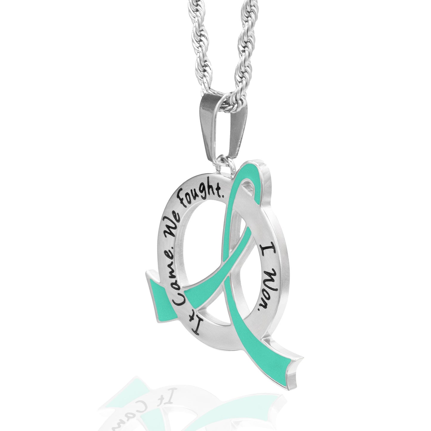 Cancer Awareness Pink Ribbon Pendant Necklace "It Came We Fought I Won" Stainless Steel