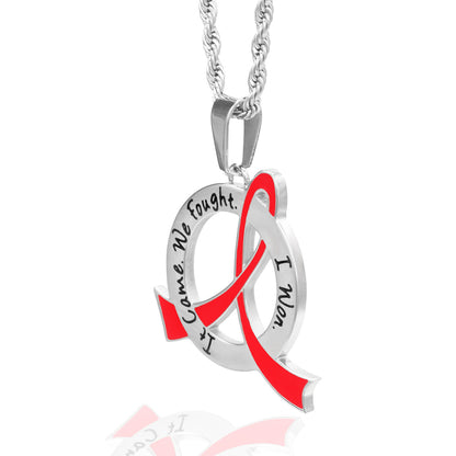 Cancer Awareness Pink Ribbon Pendant Necklace "It Came We Fought I Won" Stainless Steel