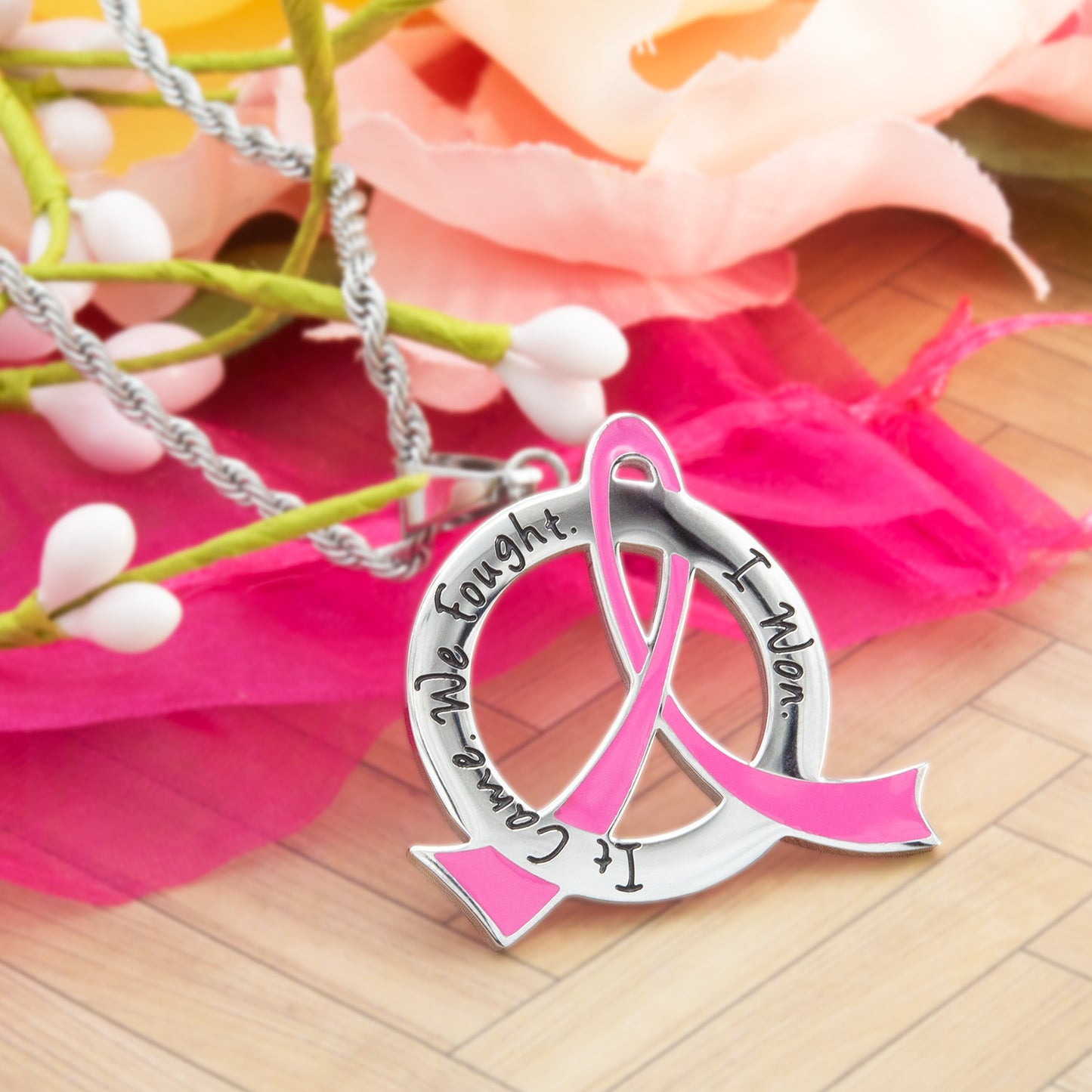 Cancer Awareness Pink Ribbon Pendant Necklace "It Came We Fought I Won" Stainless Steel