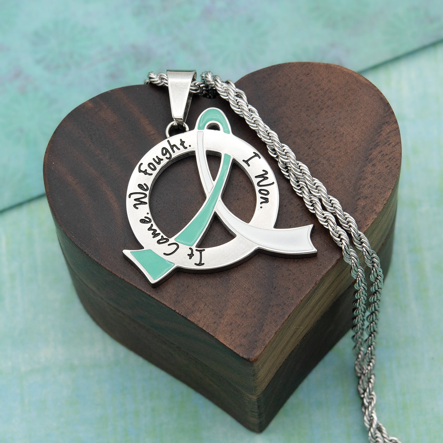 Cancer Awareness Pink Ribbon Pendant Necklace "It Came We Fought I Won" Stainless Steel