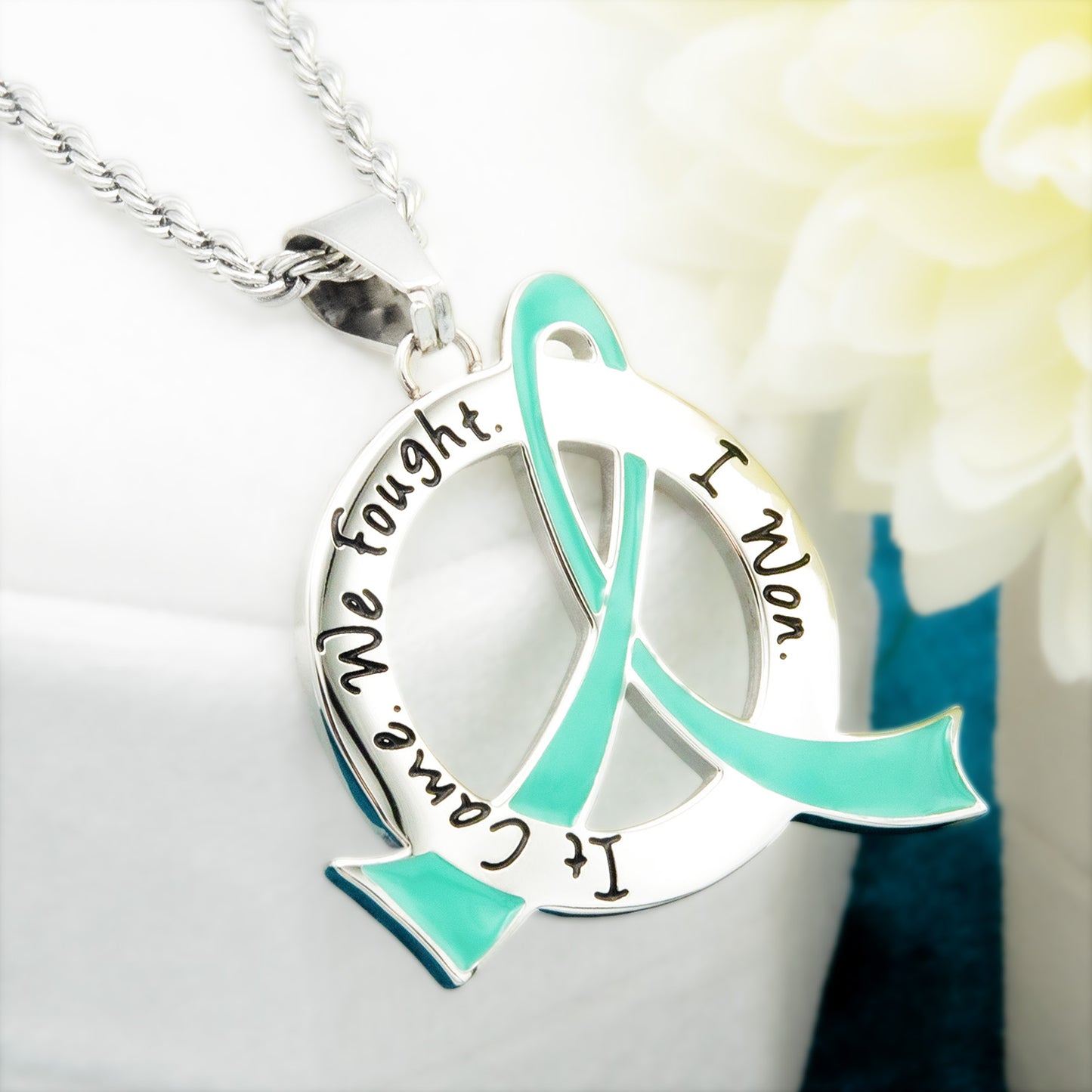 Cancer Awareness Pink Ribbon Pendant Necklace "It Came We Fought I Won" Stainless Steel