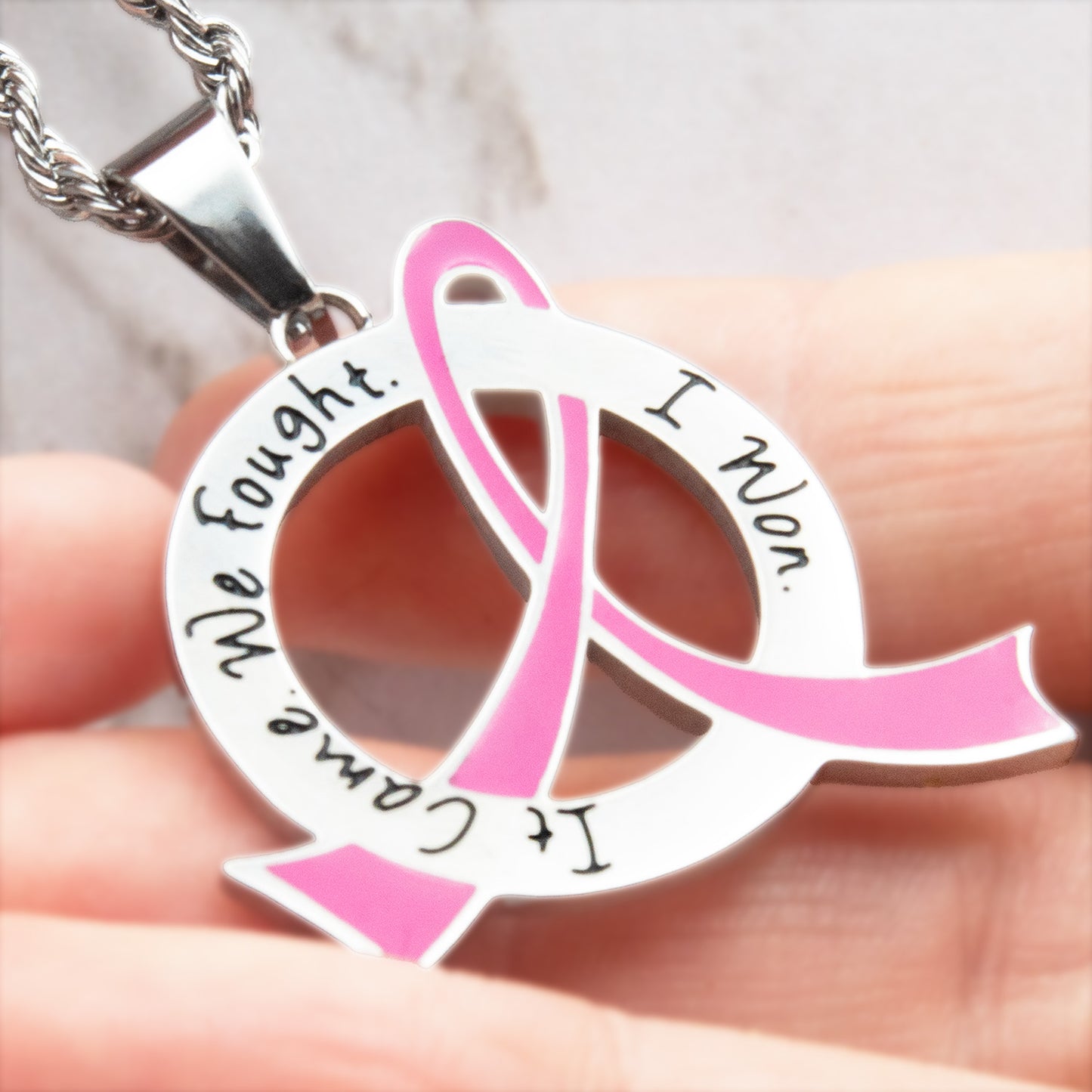 Cancer Awareness Pink Ribbon Pendant Necklace "It Came We Fought I Won" Stainless Steel