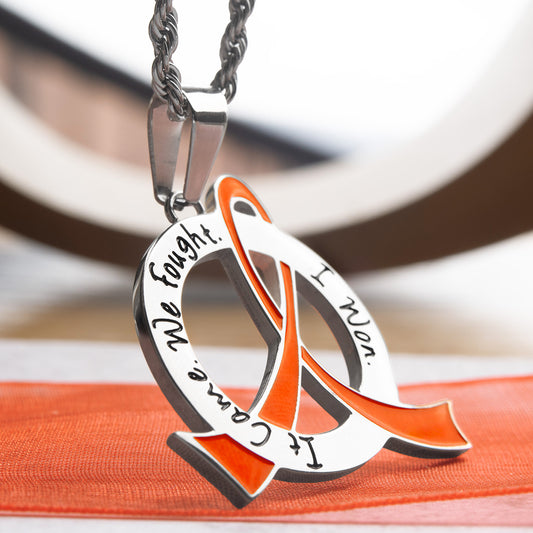 Cancer Awareness Pink Ribbon Pendant Necklace "It Came We Fought I Won" Stainless Steel