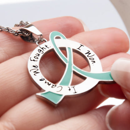 Cancer Awareness Pink Ribbon Pendant Necklace "It Came We Fought I Won" Stainless Steel