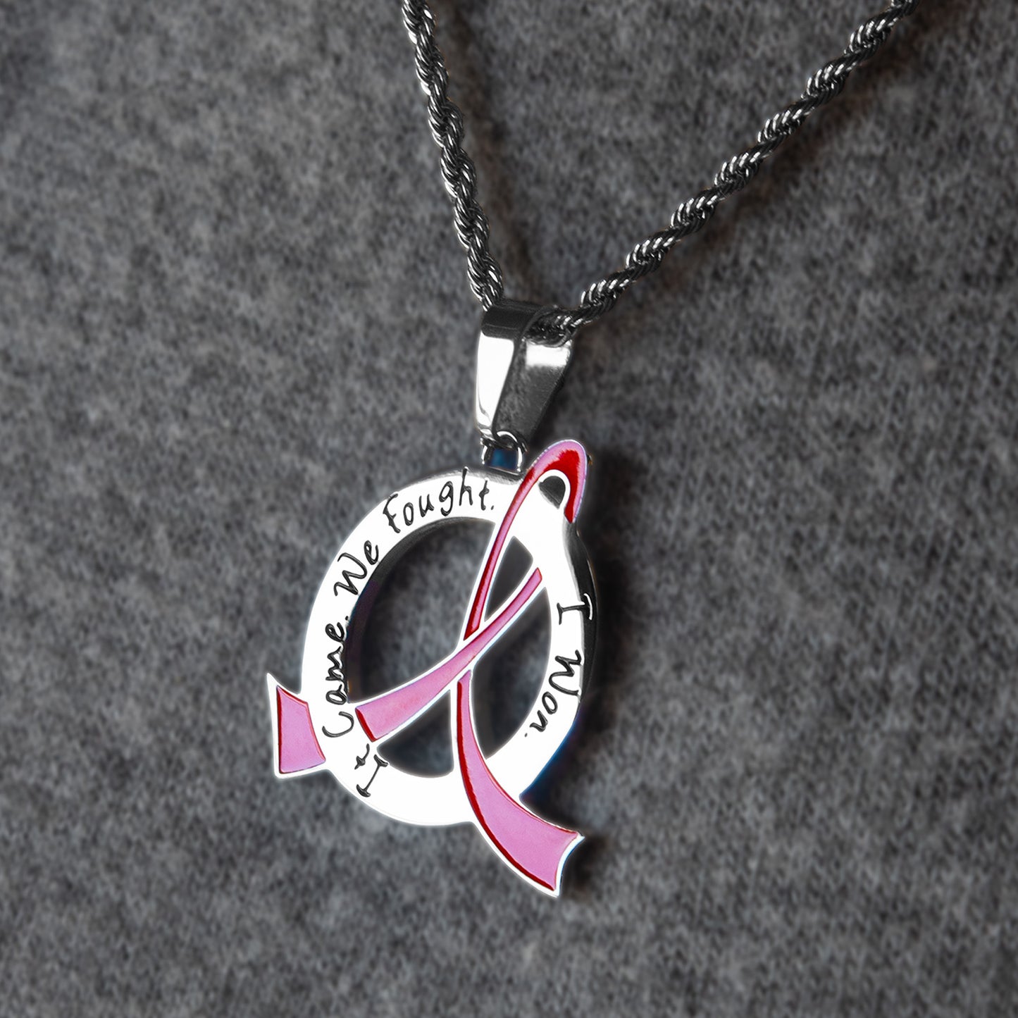 Cancer Awareness Pink Ribbon Pendant Necklace "It Came We Fought I Won" Stainless Steel