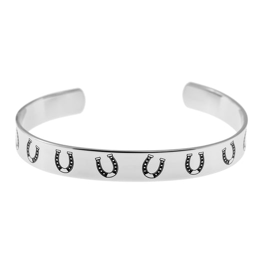 Stainless Steel Lucky Horseshoe Cuff Bracelet - Black Enamel Equestrian Jewelry Gift