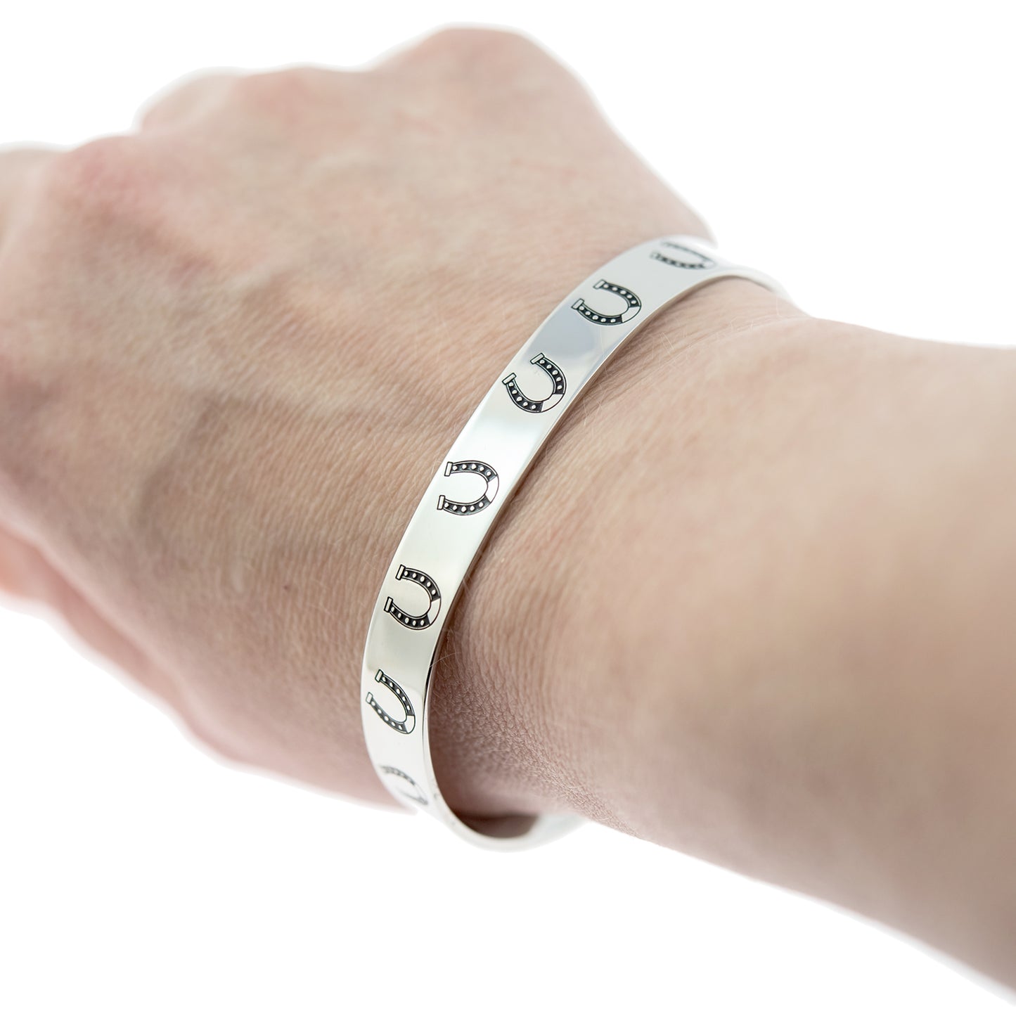 Stainless Steel Lucky Horseshoe Cuff Bracelet - Black Enamel Equestrian Jewelry Gift