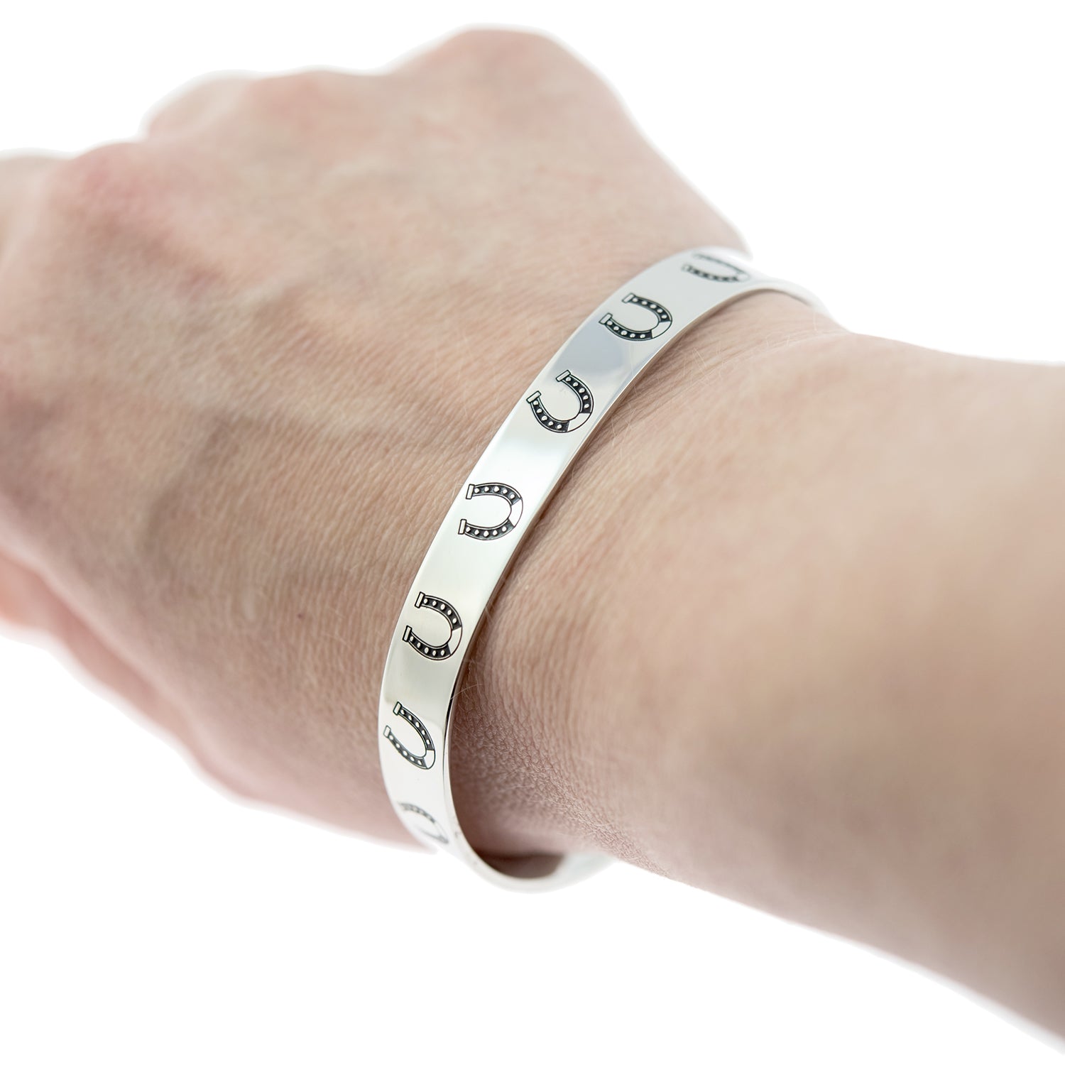 Stainless Steel Lucky Horseshoe Cuff Bracelet - Black Enamel Equestrian Jewelry Gift