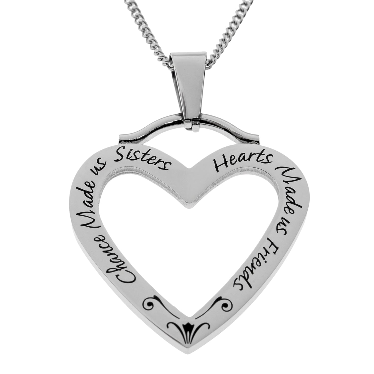 Engraved Stainless Steel "Chance Made Us Sisters, Hearts Made Us Friends" Open Heart Pendant Necklace, Perfect Sentimental Gift for Sister