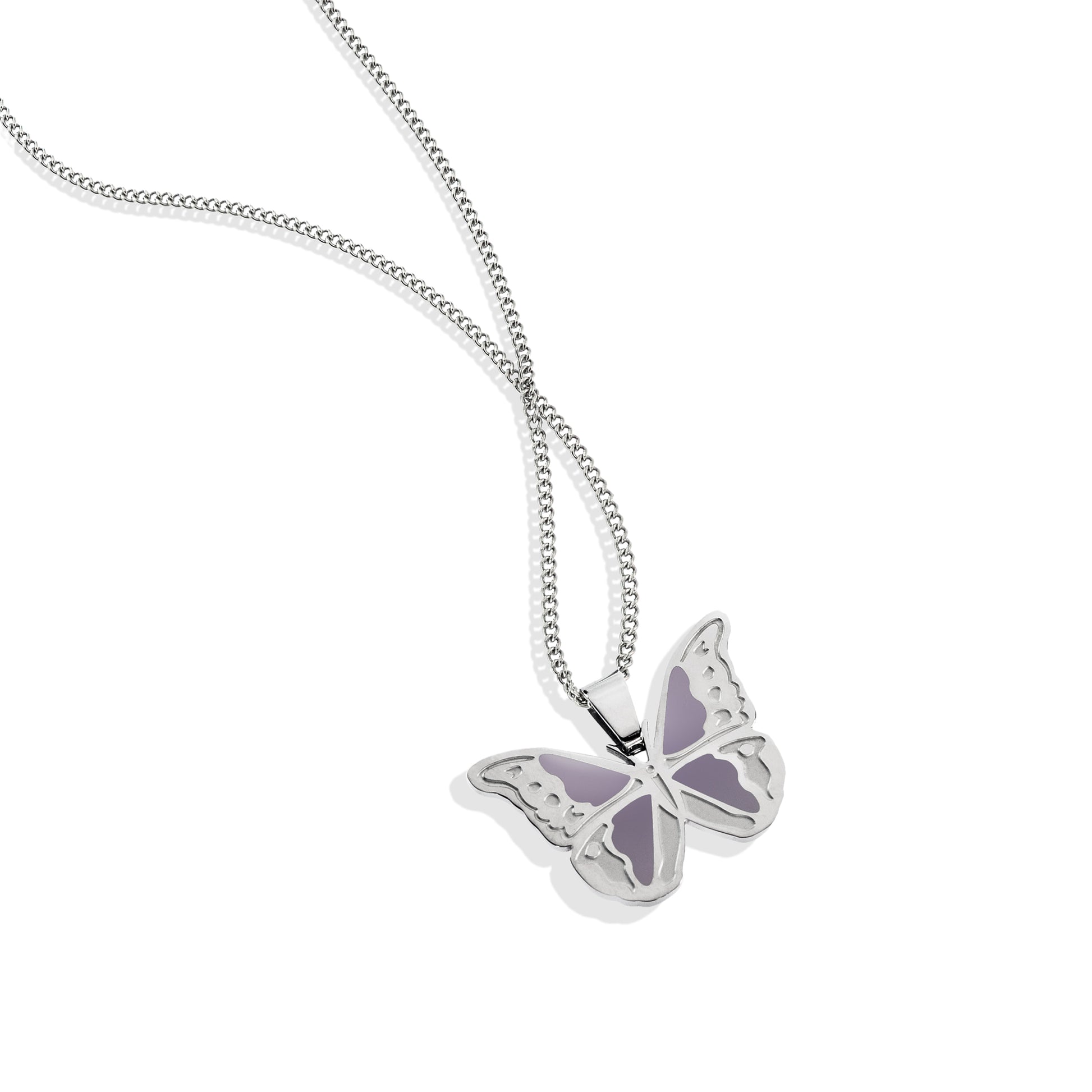 Lavender Wings Stainless Steel Butterfly Pendant Necklace - Inspirational Jewelry Gift
