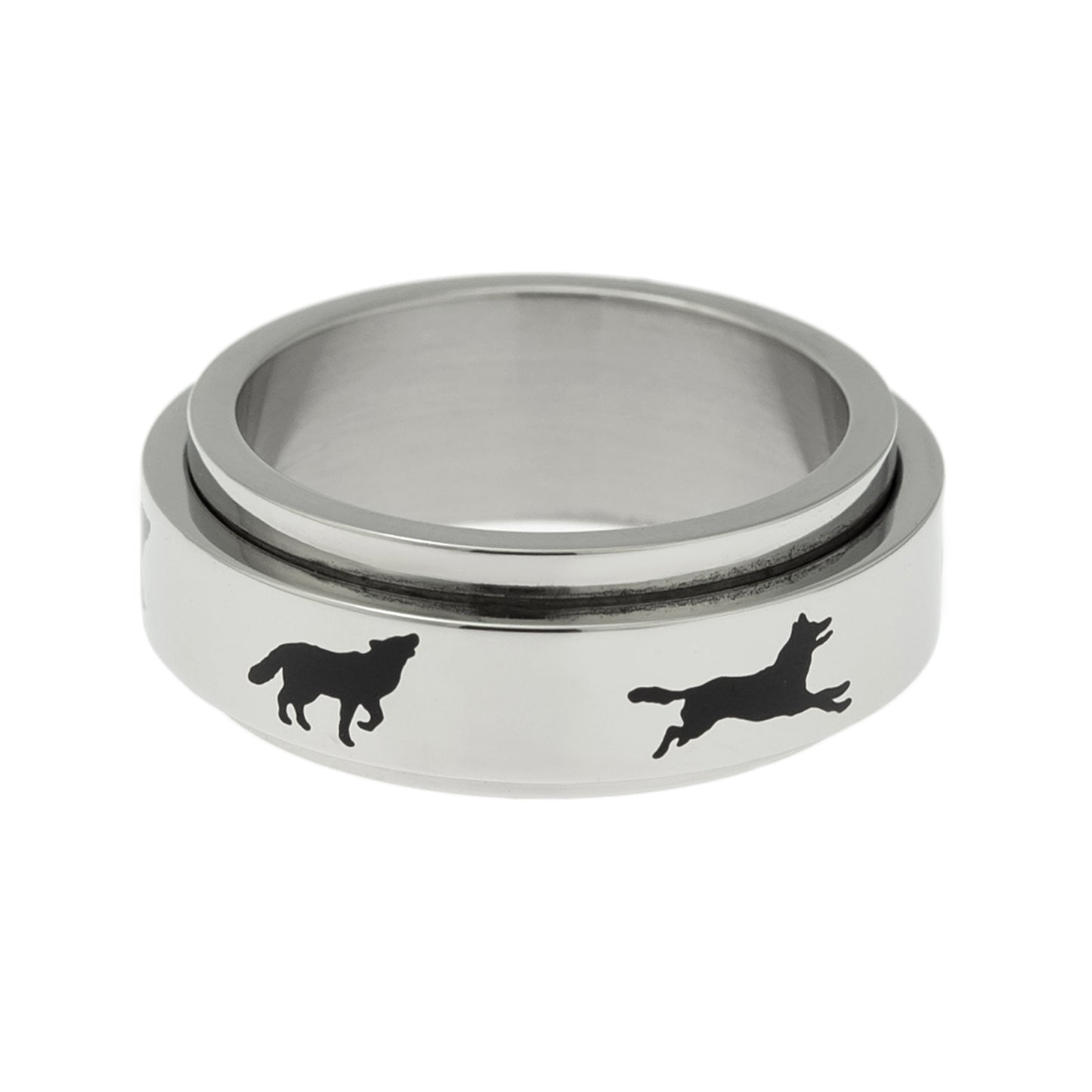 Stainless Steel Running Wolves Spinner Ring - Unisex Wolf Animal Ring