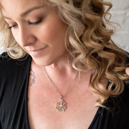 Two Tone Stainless Steel Spider Web Pendant Necklace with Gold Spider and Crystal