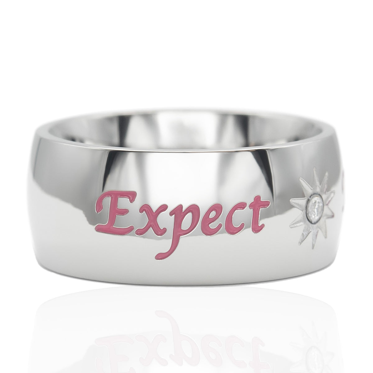 "Expect Miracles" Pink Inspirational Ring with Cubic Zirconia Sun Design