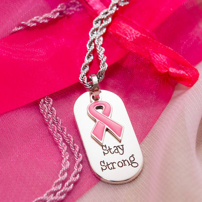 Stay Strong Stainless Steel Dog Tag Necklace with Pink Ribbon Pendant - Inspirational Breast Cancer Awareness Jewelry Gift