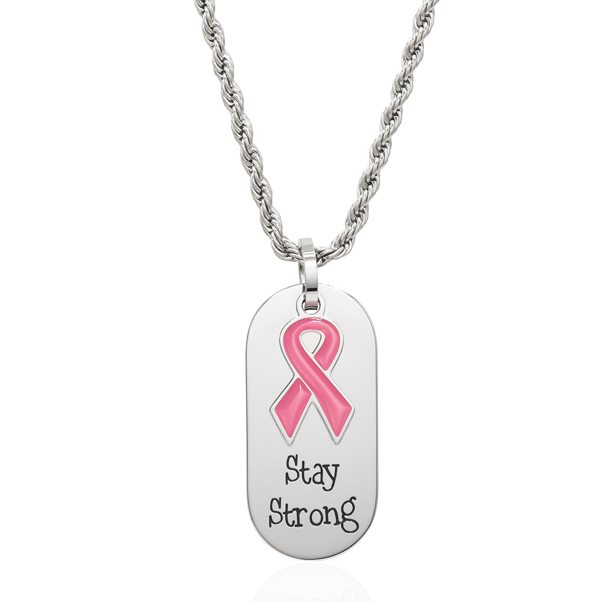 Stay Strong Stainless Steel Dog Tag Necklace with Pink Ribbon Pendant - Inspirational Breast Cancer Awareness Jewelry Gift