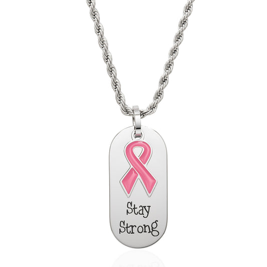 Stay Strong Stainless Steel Dog Tag Necklace with Pink Ribbon Pendant - Inspirational Breast Cancer Awareness Jewelry Gift