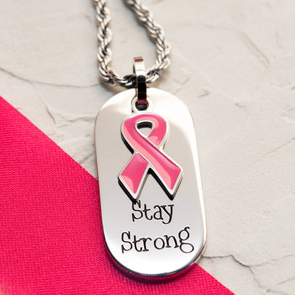 Stay Strong Stainless Steel Dog Tag Necklace with Pink Ribbon Pendant - Inspirational Breast Cancer Awareness Jewelry Gift